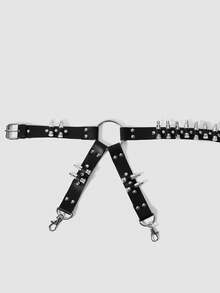 MortiRose 1pc Bullet Decor Black Faux Leather Thigh Strap Body Chain, Gothic Adjustable Leg Garter Waist Belt Streetwear Accessory - Multicolor - View 4