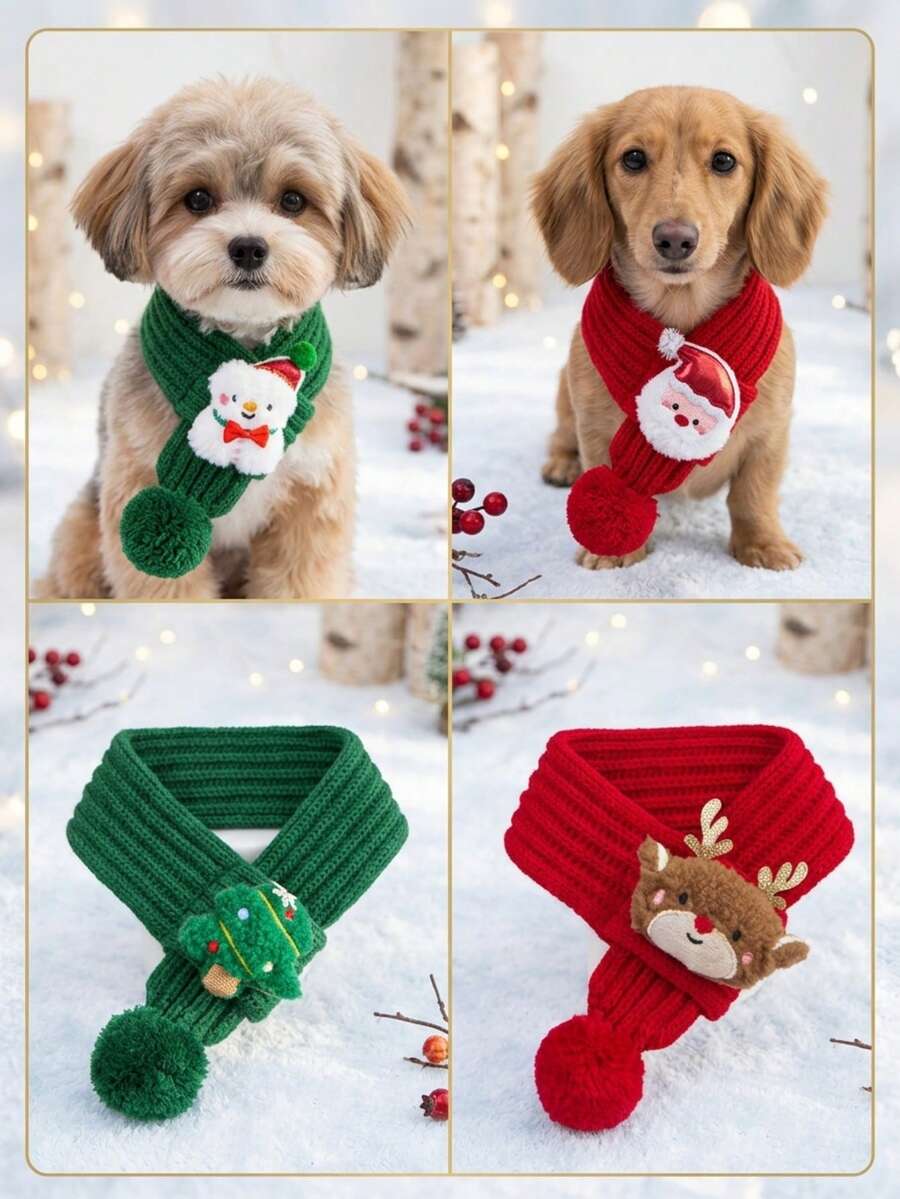 PETSIN 1PC Knitted Christmas Pet Scarf, New Year Festive Neck Decor Accessory For Cats And Dogs - Multicolor - View 1