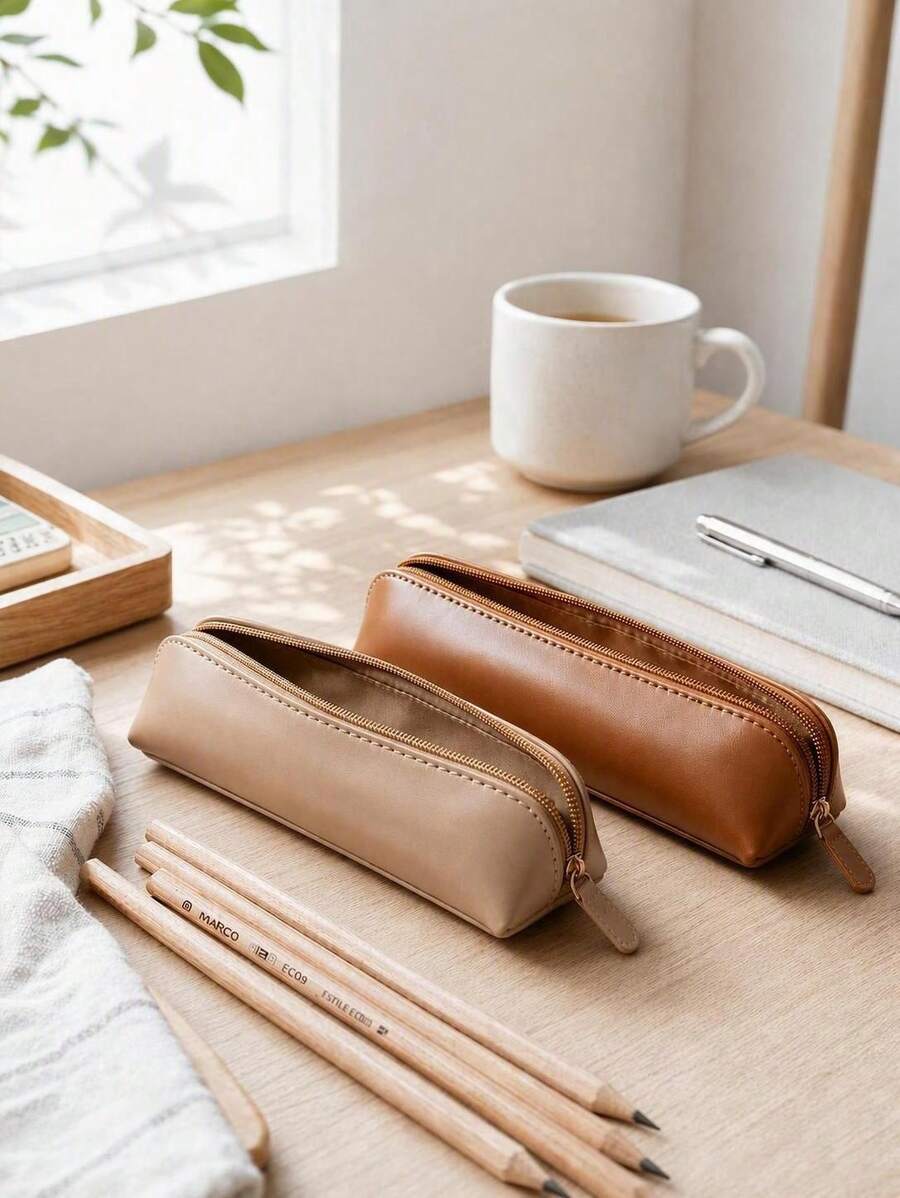 Haus Hana 1PC/2PCS Solid Color PU Leather Pencil Case,Smooth Faux Leather With Plain Tone Design,Zipper Closure Large Capacity Stationery Storage Bag,Chic Minimalist Desk Organizer,For Office Desktop Supply Storage - multicolor - View 1