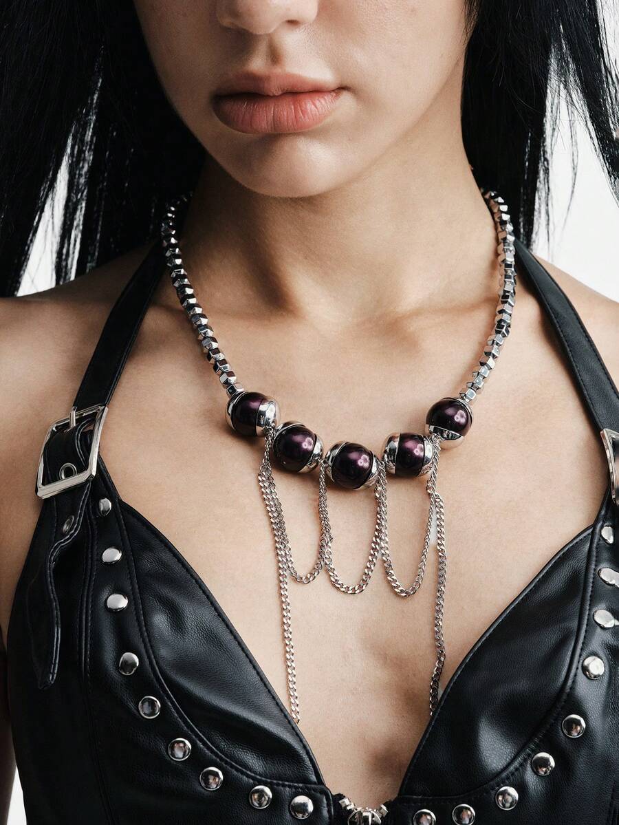 MortiRose Silver Stainless Steel Bead Splicing Gothic Vintage Necklace - Silver - View 1