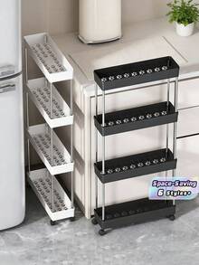 1PC Multifunctional White Narrow‑Gap Rolling Storage Cart, Hollow Drainage Multi‑Layer Ultra‑Thin Shelving Rack, Slender Mobile Cart, Narrow‑Gap Floor Storage Rack, Space‑Saving For Kitchen, Bathroom, Laundry Room - Multicolor - View 2