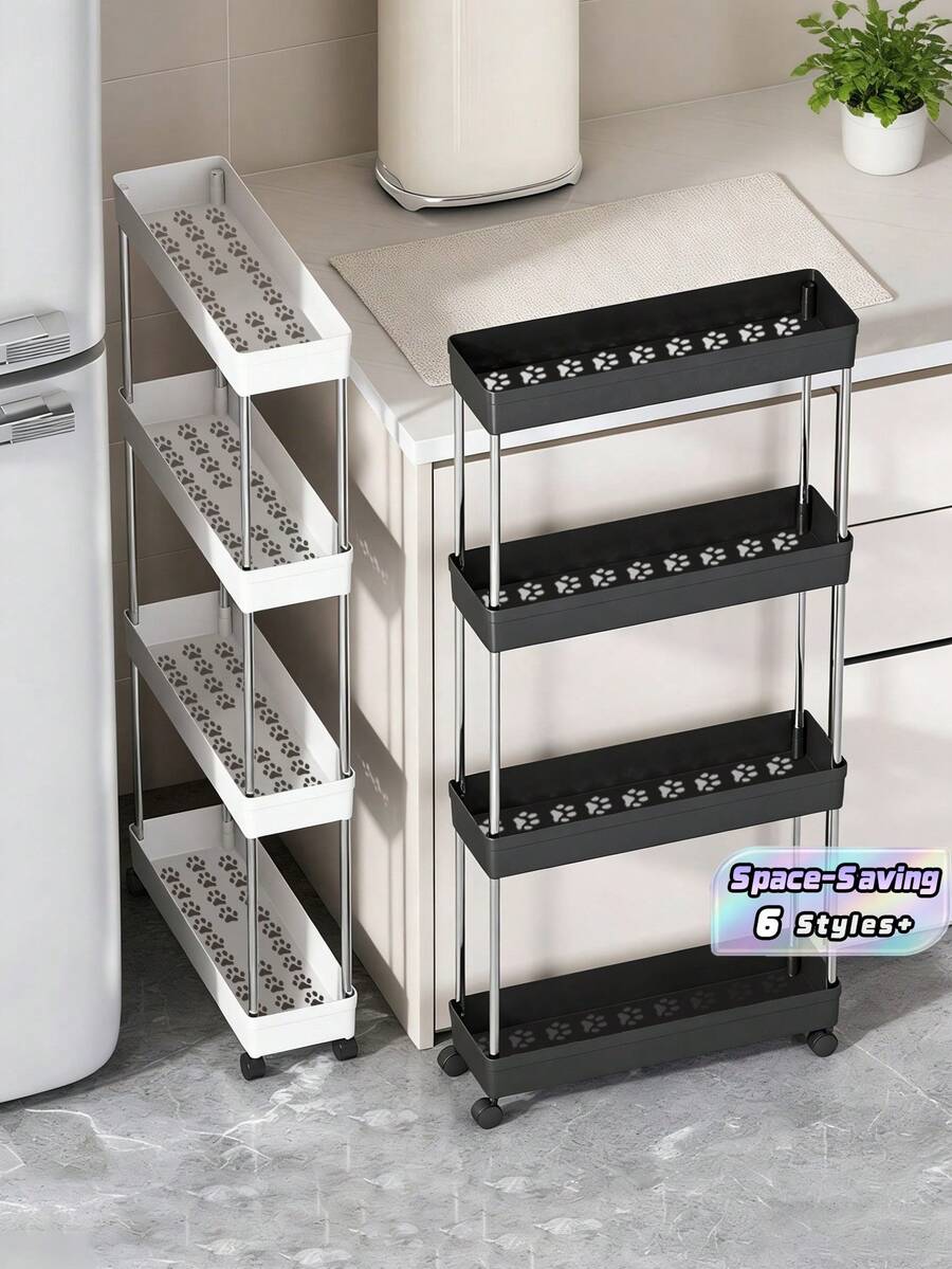 1PC Multifunctional White Narrow‑Gap Rolling Storage Cart, Hollow Drainage Multi‑Layer Ultra‑Thin Shelving Rack, Slender Mobile Cart, Narrow‑Gap Floor Storage Rack, Space‑Saving For Kitchen, Bathroom, Laundry Room