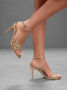 CUCCOO SZL Multi-Layer Crossed Rhinestone Back Strap Stiletto Sandals Women's Open-Toed Banquet Dress High Heels Women's Shoes - Light gold - View 7