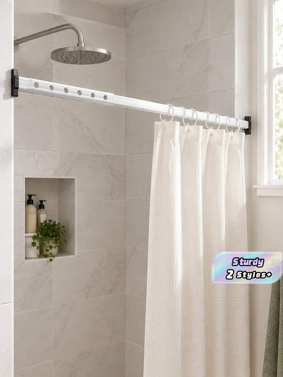 Foldable Shower Curtain Rod, Upgraded Thicker Aluminum Alloy, Rust-Proof & Moisture-Proof, Balcony Bathroom Drying Rack, Space-Saving, Easy Storage, Suitable For Various Wall Shapes, Corner/Flat Wall Installation, Adhesive/Drill Holes - Multicolor - View 1