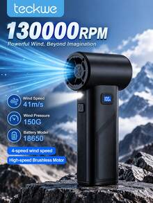 Teckwe Blower Udara Terkompresi Portabel Bertenaga dengan 130.000 RPM, Berat . Dilengkapi Kipas Turbo dengan 4 Kecepatan yang Dapat Diatur, Blower Listrik dengan Lampu LED dan Layar LED. Motor Tanpa Sikat Aliran Udara Tinggi Dilengkapi dengan Dua Baterai 2000mAh. - satu ukuran cocok untuk semua - View 2