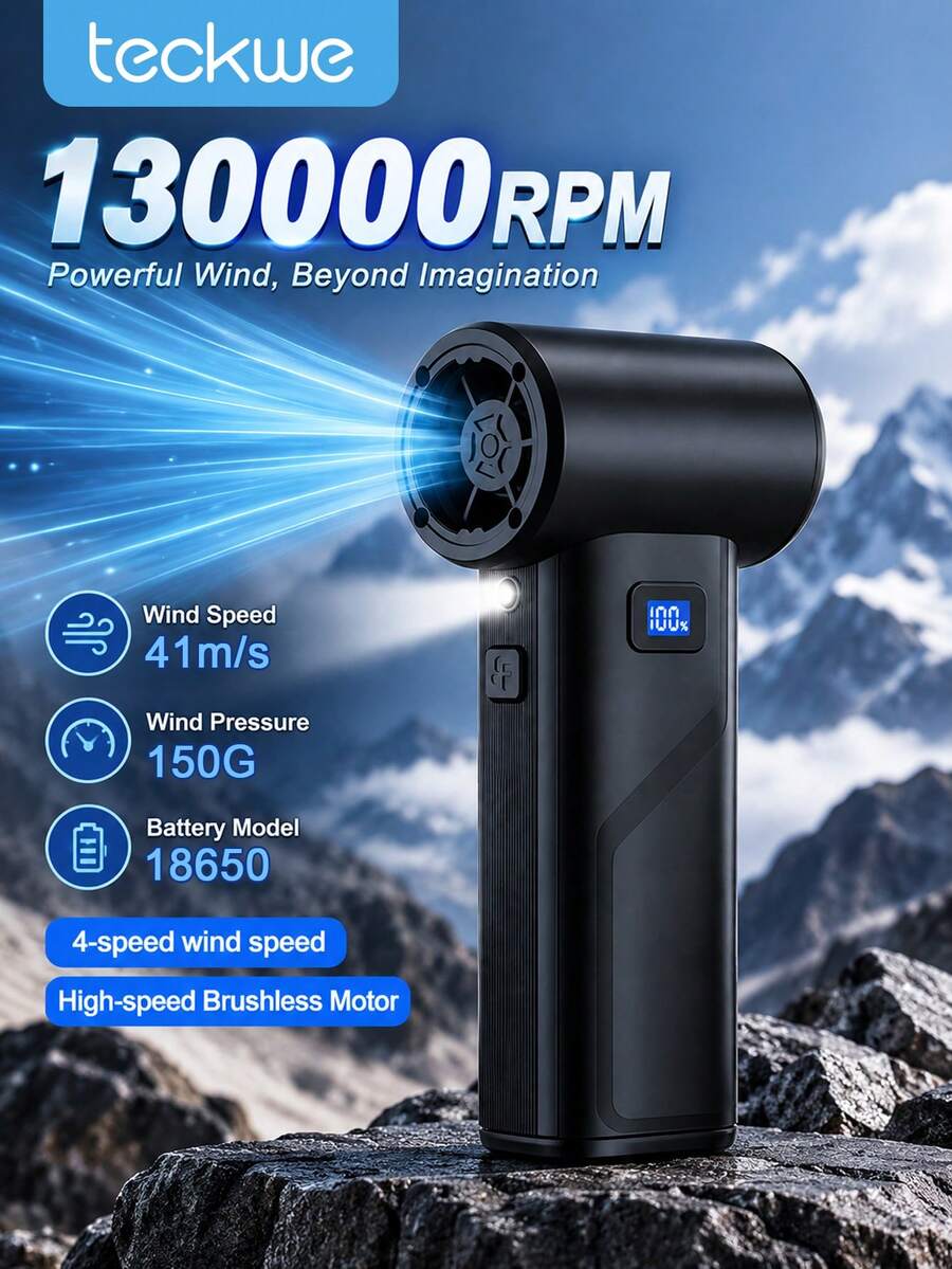 Teckwe Blower Udara Terkompresi Portabel Bertenaga dengan 130.000 RPM, Berat . Dilengkapi Kipas Turbo dengan 4 Kecepatan yang Dapat Diatur, Blower Listrik dengan Lampu LED dan Layar LED. Motor Tanpa Sikat Aliran Udara Tinggi Dilengkapi dengan Dua Baterai 2000mAh.