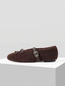 MOTF PREMIUM WOMEN RETRO TEDDY FUZZY BALLET FLATS LEATHER BUCKLE STRAP BOW SOFT WARM OUTDOOR MOCCASIN SHOES - dark brown - View 3
