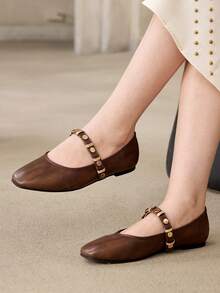 MOTF PREMIUM WOMEN SQUARE TOE BROWN LEATHER MARY JANE FLATS, GOLD MULTI BUCKLE STRAP SOFT COMFORT WALKING FLAT DRESS SHOES - Brown - View 2