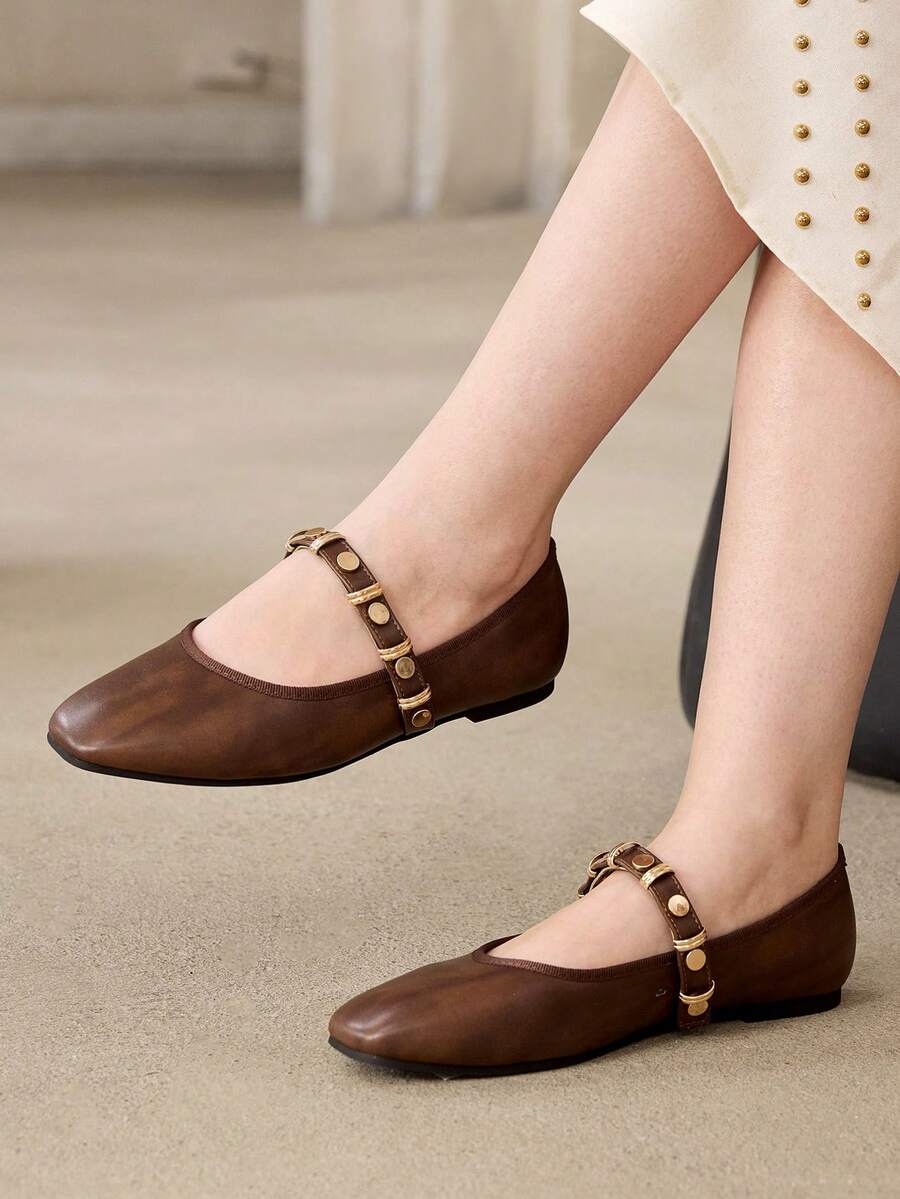 MOTF PREMIUM WOMEN SQUARE TOE BROWN LEATHER MARY JANE FLATS, GOLD MULTI BUCKLE STRAP SOFT COMFORT WALKING FLAT DRESS SHOES - Brown - View 2