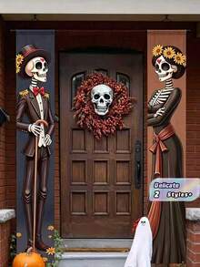 2‑PCS Halloween Skeleton Decoration Banner Set – Elegant Skeleton Porch Hanging Banners; Suitable For Halloween Yard Decor, Party Decorations, Event Styling, Porch Decor, And Halloween Photography Backdrops. - One Size Fits All - View 2