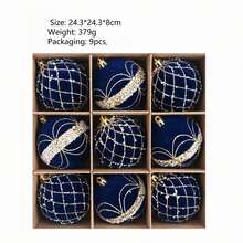 9Pcs 8cm Velvet Shatterproof Ornament Set Gold Bead Floral Pattern Christmas Tree Hanging Decorations For Holiday Party Home Winter Festival Xmas Decor. - multicolor - View 9