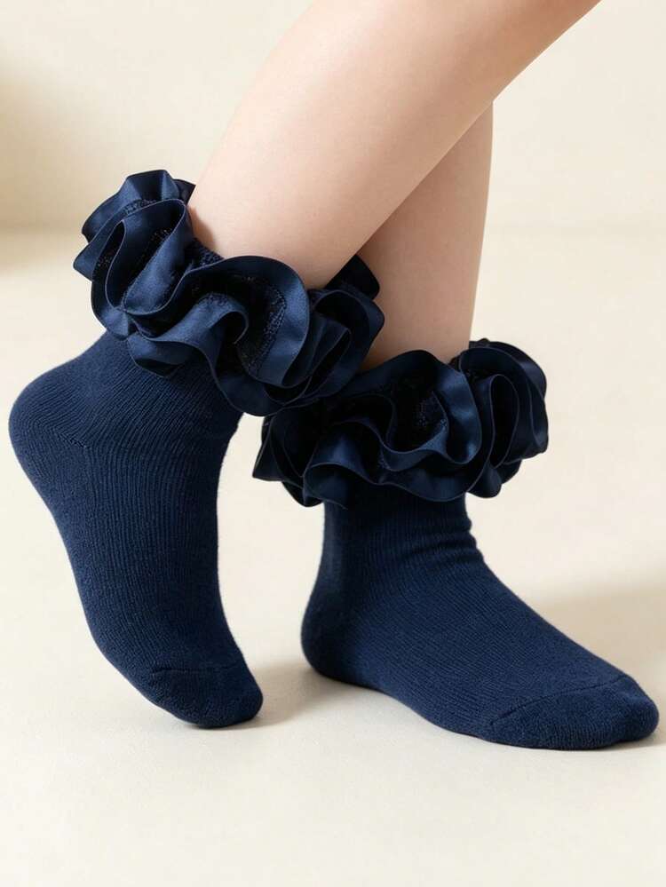 SHEIN 1 Pair Of Girls Medium And Older Children Solid Color Multi-Layer Large Lace Dance Socks Elegant Princess Style Party Wear - Multicolor - View 6