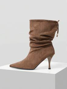 Mnmlis Atmosphere Coffee-Colored High-Heeled Suede Pointed Piled Boots, Lazy In Autumn And Winter, High-End Temperament, Fine-Heeled Medium Boots - Khaki - View 1