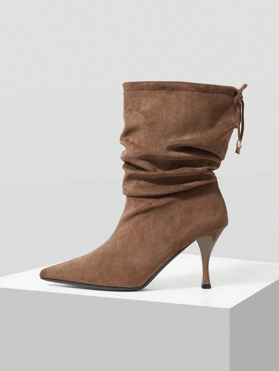 Mnmlis Atmosphere Coffee-Colored High-Heeled Suede Pointed Piled Boots, Lazy In Autumn And Winter, High-End Temperament, Fine-Heeled Medium Boots - Khaki - View 1