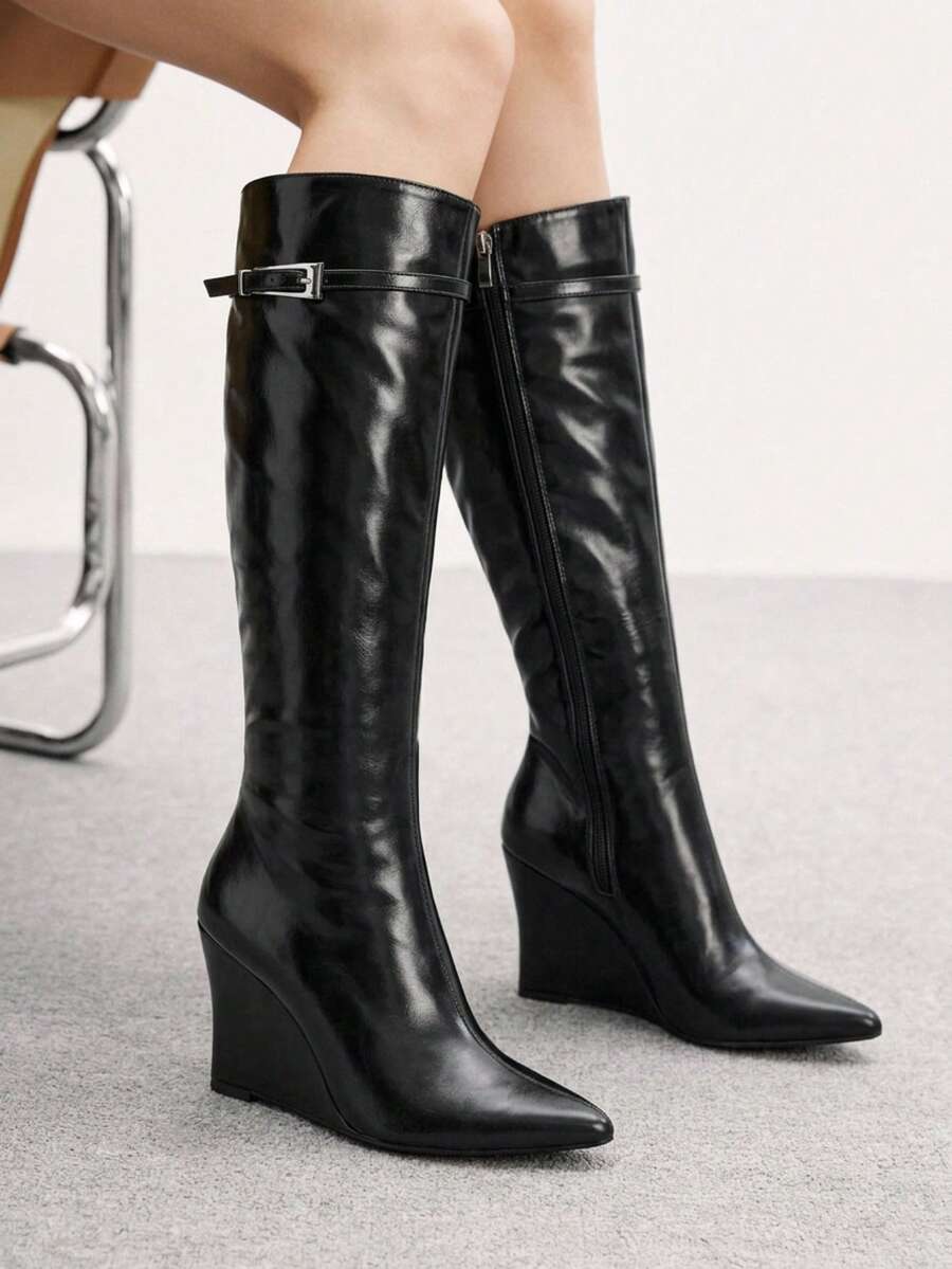 CUCCOO BIZCHIC Buckle Pleated Pointed Wedge Heel Brown Retro Tall Slim Knight Boots Women - Black - View 1