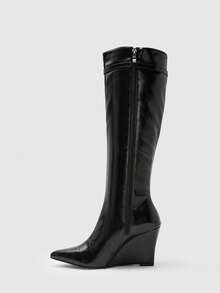 CUCCOO BIZCHIC Buckle Pleated Pointed Wedge Heel Brown Retro Tall Slim Knight Boots Women - Black - View 9