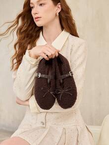 MOTF PREMIUM WOMEN RETRO TEDDY FUZZY BALLET FLATS LEATHER BUCKLE STRAP BOW SOFT WARM OUTDOOR MOCCASIN SHOES - dark brown - View 6