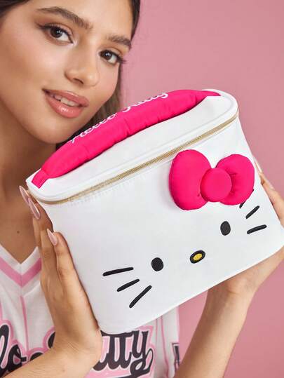 HELLO KITTY AND FRIENDS | SHEIN Cute Cat Print Large Capacity Polyester Makeup Bag With 3D Bow & Handle, Cosmetic Organizer For Travel & Daily Use