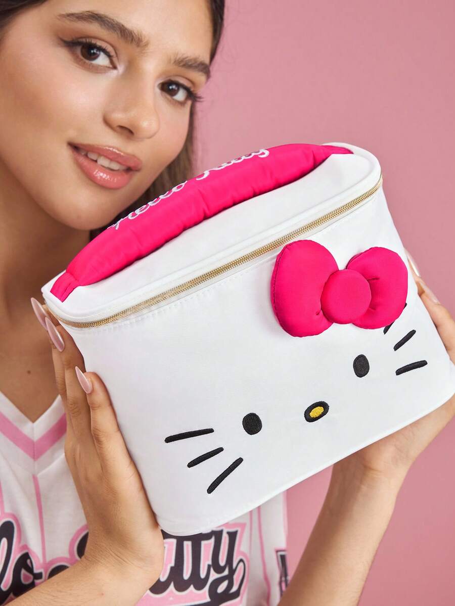 HELLO KITTY AND FRIENDS | SHEIN Cute Cat Print Large Capacity Polyester Makeup Bag With 3D Bow & Handle, Cosmetic Organizer For Travel & Daily Use - Rose red bow - View 1