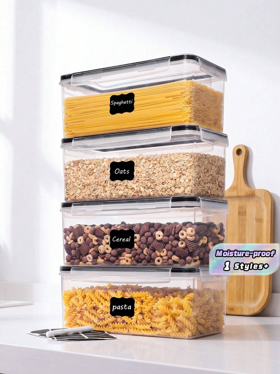 4‑Pack Airtight Food Storage Containers, Clear Plastic Cereal Storage Boxes With Labels & Marker, Moisture‑Proof Pantry Organizer For Spaghetti, Pasta, Oats, Dry Grains, Kitchen Cabinet Organization