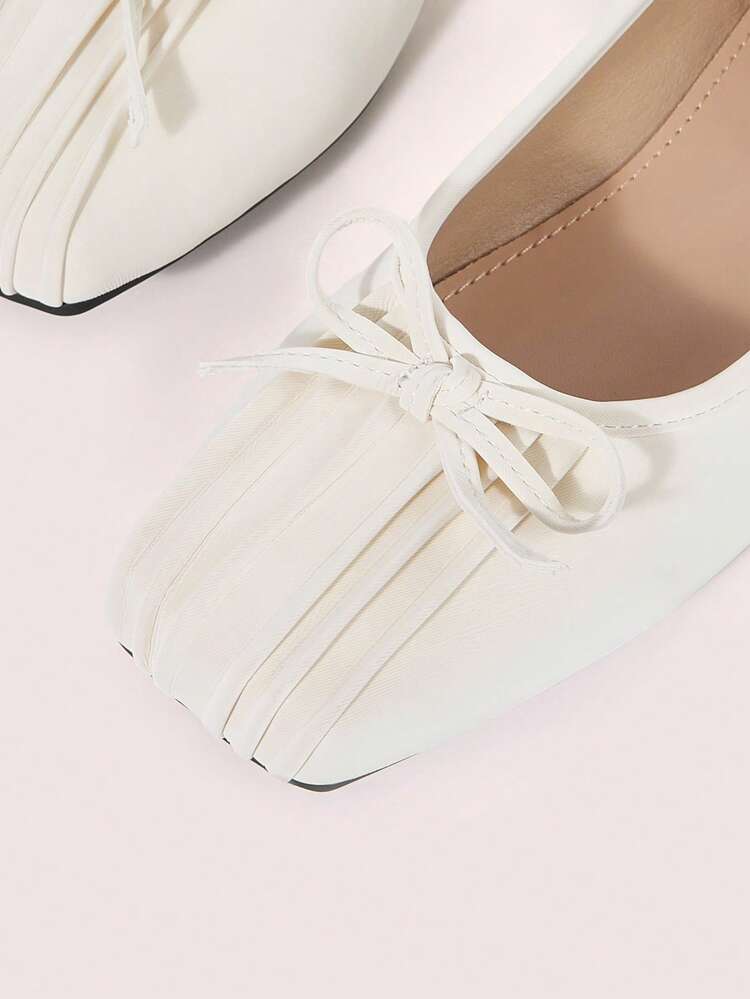CUCCOO DOLLMOD Folded Bow Ballet Small Square Toe Soft Leather Flat Bottom Low Vamp Gentle Spring And Autumn Shopping Versatile Slouchy Women's Shoes Fall Shoes - Beige - View 4