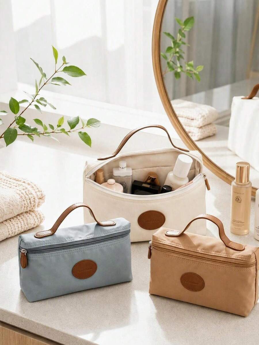 Haus Hana 1PC Retro Simple Nylon Makeup Bag, Handheld Cosmetic Pouch, Large Capacity Zipper Travel Toiletry Organizer, Lightweight Portable Storage Bag For Cosmetics, Ideal For Daily Use, Vacation, Business Trip & Outdoor Activities - Multicolor - View 1