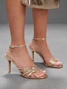 CUCCOO SZL Multi-Layer Crossed Rhinestone Back Strap Stiletto Sandals Women's Open-Toed Banquet Dress High Heels Women's Shoes - Light gold - View 9