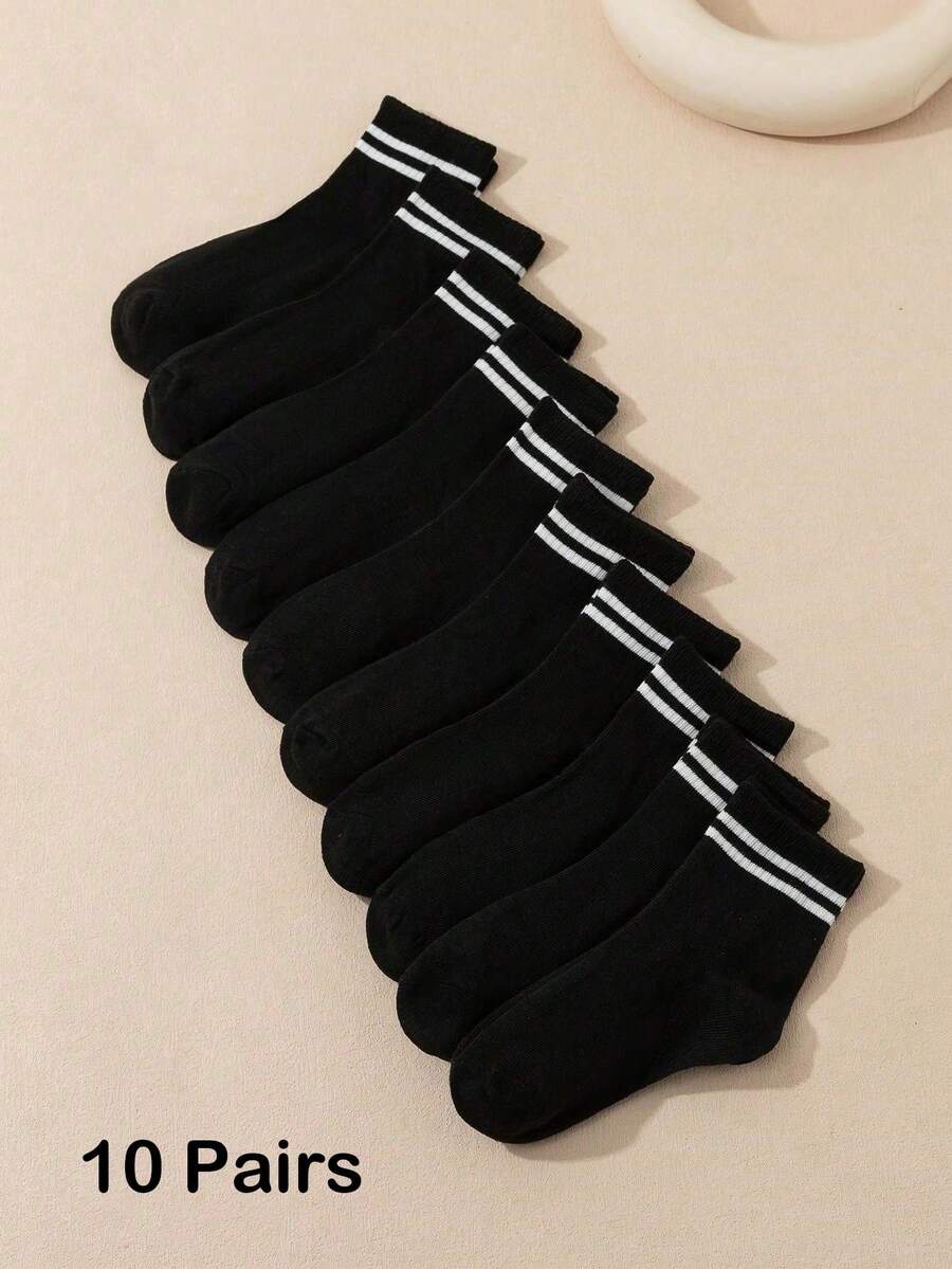 SHEIN 10 Pairs Of Baby Socks For Older Children, Suitable For Black And White Stripes, Versatile Classic Leisure, Suitable For Outdoor Sports - Black - View 1