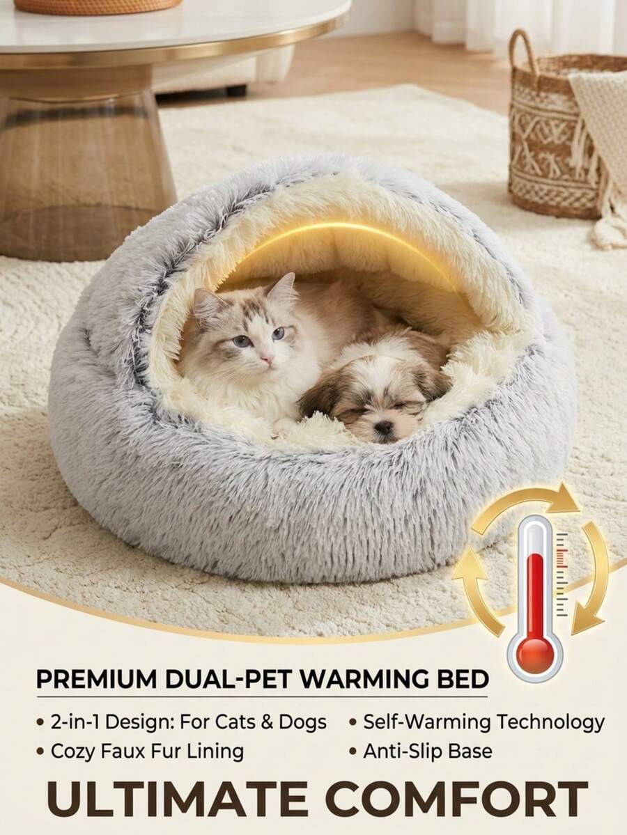 PETSIN 1件裝毛絨圓形寵物床,蓬鬆柔軟貓床,甜甜圈寵物墊,冬季2合1貓床,保暖睡袋沙發墊 - 灰色 - 查看 1