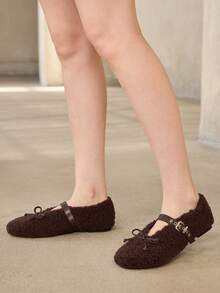 MOTF PREMIUM WOMEN RETRO TEDDY FUZZY BALLET FLATS LEATHER BUCKLE STRAP BOW SOFT WARM OUTDOOR MOCCASIN SHOES - dark brown - View 10