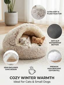 PETSIN 1pc Plush Round Pet Bed, Fluffy Soft Cat Bed, Donut Pet Cushion, Winter 2 In 1 Cat Bed, Warm Sleeping Bag Sofa Cushion - Coffee Brown - View 1