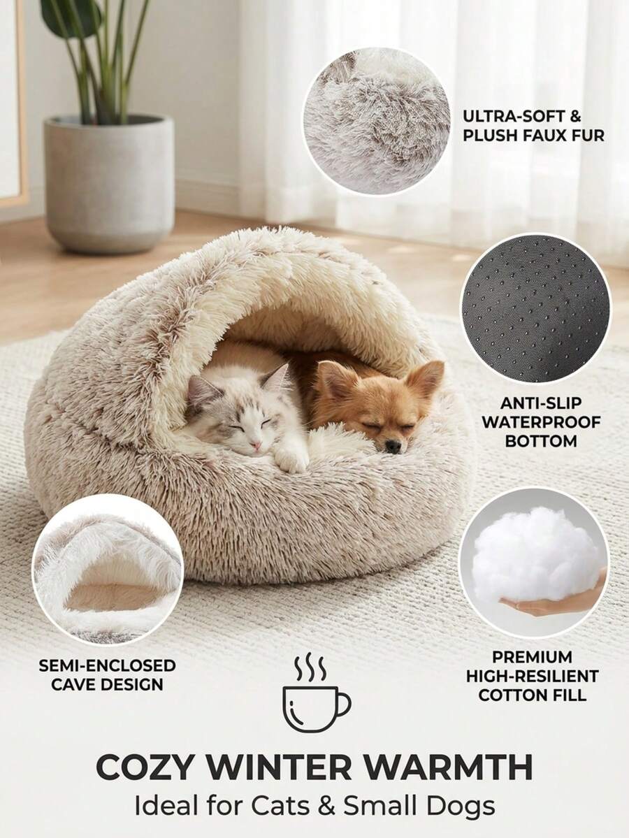 PETSIN 1pc Plush Round Pet Bed, Fluffy Soft Cat Bed, Donut Pet Cushion, Winter 2 In 1 Cat Bed, Warm Sleeping Bag Sofa Cushion - Coffee Brown - View 1
