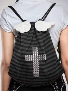 ROMWE Anime Y2K Punk Academy Style Black And Gray Striped Drawstring Backpack With Wings, Rivets, Cross Decoration, Fashionable Casual, Neutral Backpack. - Dark Grey - View 1