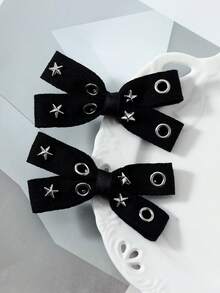 ROMWE Goth 2 Multi-Specification Y2k Dark Wind Black Air Eye Star Rivet Polka Dot Double-Layer Handmade Bow DIY Hairpin Duck Bill Clip, Combination Set - Black-53 - View 9