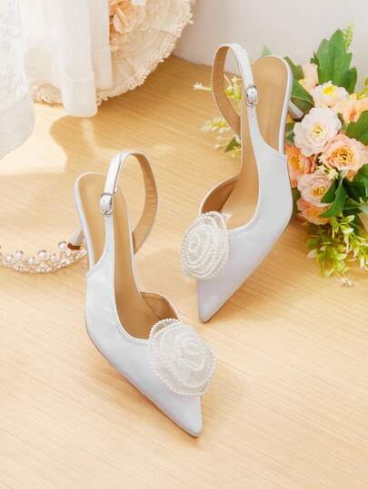 CUCCOO HITCHD Pure White Satin Handmade Pearl Mesh Rose Pointed Head Thin Heel Empty Sandals, Fairy Wedding Hollow Heel Dress High Heels Women