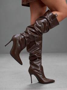 CUCCOO SZL Black Glossy Pointed-Heeled Elastic High Boots, Spice Girls Autumn And Winter Models Fall Boots - F5 Brown - View 4
