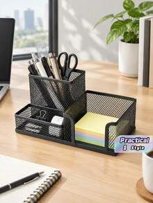 1pc Mesh Desk Organizer Multi Compartment Office Desktop Storage Holder For Pen Note Paper Stationery Home School Office Supplies - Black - View 1