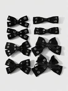 ROMWE Goth 2 Multi-Specification Y2k Dark Wind Black Air Eye Star Rivet Polka Dot Double-Layer Handmade Bow DIY Hairpin Duck Bill Clip, Combination Set - Black-53 - View 1
