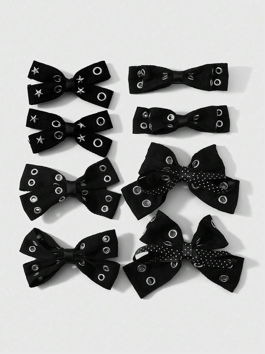 ROMWE Goth 2 Multi-Specification Y2k Dark Wind Black Air Eye Star Rivet Polka Dot Double-Layer Handmade Bow DIY Hairpin Duck Bill Clip, Combination Set - Black-53 - View 1