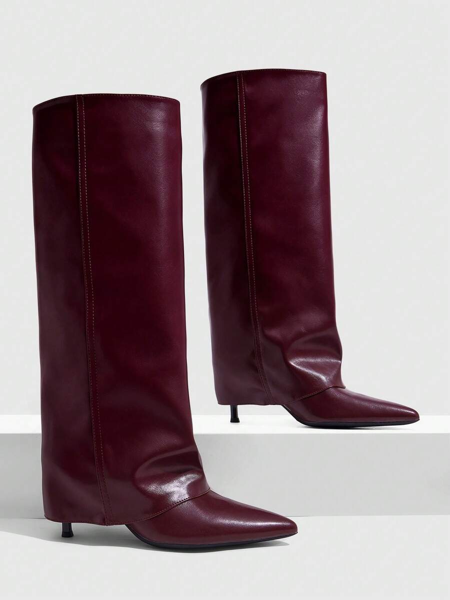 CUCCOO SZL 秋冬酒紅色尖頭細高跟寬筒高筒靴 性感氣質修腿直筒女靴 - 酒紅色 - 查看 1