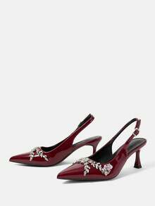 CUCCOO HITCHD Zapatos de tacón alto con pedrería de color burdeos y ramas puntiagudas, adecuados para bodas/eventos formales, uso diario, citas/fiestas y otras ocasiones - Burdeos - Ver 3