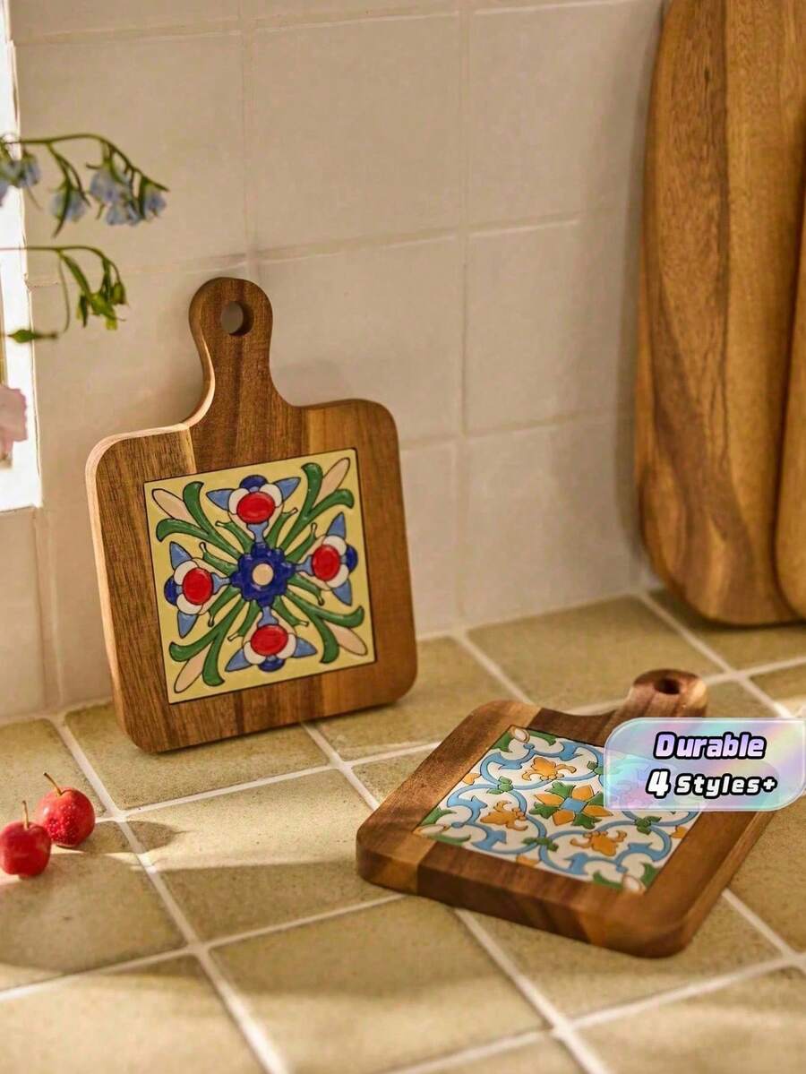 Solid Wood Ceramic Tile Pattern Heat Resistant Coasters - Retro Kitchen Table Mats For Hot Pots, Pans, Cups, High Temperature Resistant, Handmade Home Decor Gifts - View 1