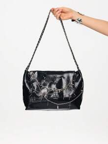 ROMWE Women's Shoulder Bag, Tote Bag, Rivet Chain Decoration, Sweet Cool, Spice Girl, Goth Y2k Dark Skull Cross Decoration Large Capacity Tote Bag. - Black - View 2