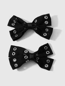 ROMWE Goth 2 Multi-Specification Y2k Dark Wind Black Air Eye Star Rivet Polka Dot Double-Layer Handmade Bow DIY Hairpin Duck Bill Clip, Combination Set - Black-53 - View 16