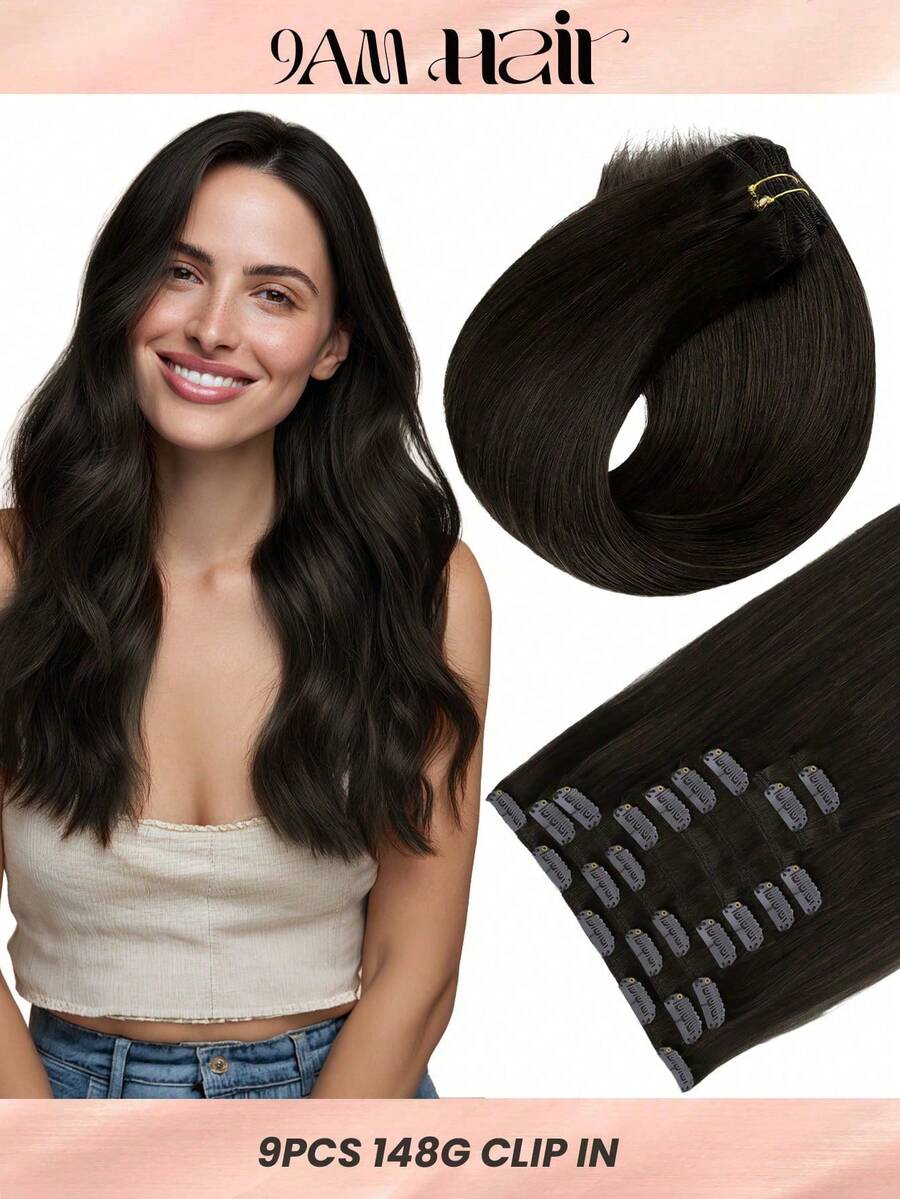 100% Real Human Hair Extensions 9PCS Invisible Straight Clip In Hair Extensions 14-24 Inch 148G Dark Brown Color Double Weft Clip Hair Extensions Remy Natural Human Hair