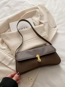 SIENNITY New Retro Fashion Solid‑Color Baguette Bag,Hardware Lock Clasp,Flap Opening,Lightweight & Minimalist,Small‑Capacity Shoulder Underarm Bag - Coffee - View 1