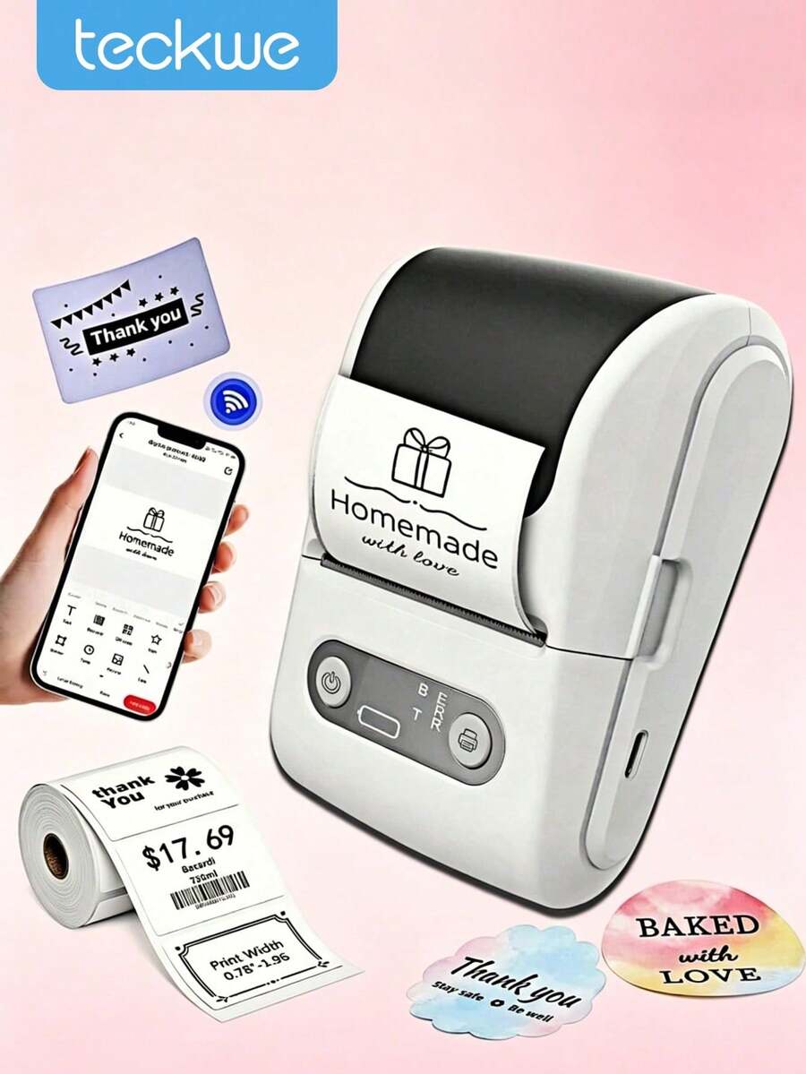 Teckwe 1-Pack Portable Mini Thermal Label Printer & Paper Bluetooth Portable Home Receipt Printer Ink-Free Thermal Printing Create Labels Anytime And Anywhere A Thoughtful Gift For Family And Friends 1200mAh Battery