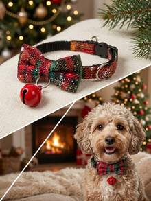 PETSIN Christmas Plaid Ribbon Bells Pet Collar - Red - View 2