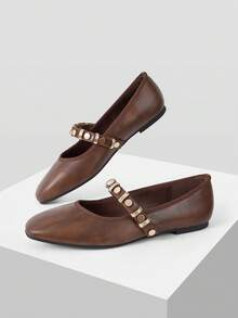 MOTF PREMIUM WOMEN SQUARE TOE BROWN LEATHER MARY JANE FLATS, GOLD MULTI BUCKLE STRAP SOFT COMFORT WALKING FLAT DRESS SHOES - Brown - View 9