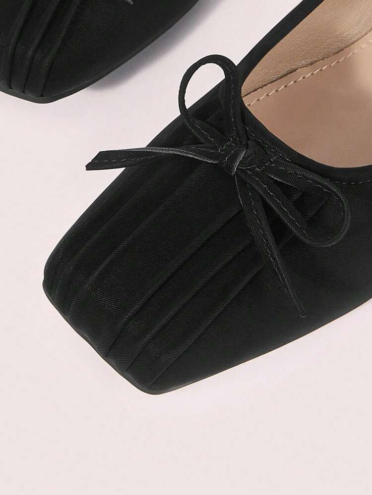 CUCCOO DOLLMOD Folded Bow Ballet Small Square Toe Soft Leather Flat Bottom Low Vamp Gentle Spring And Autumn Shopping Versatile Slouchy Women's Shoes Fall Shoes - Black - View 4